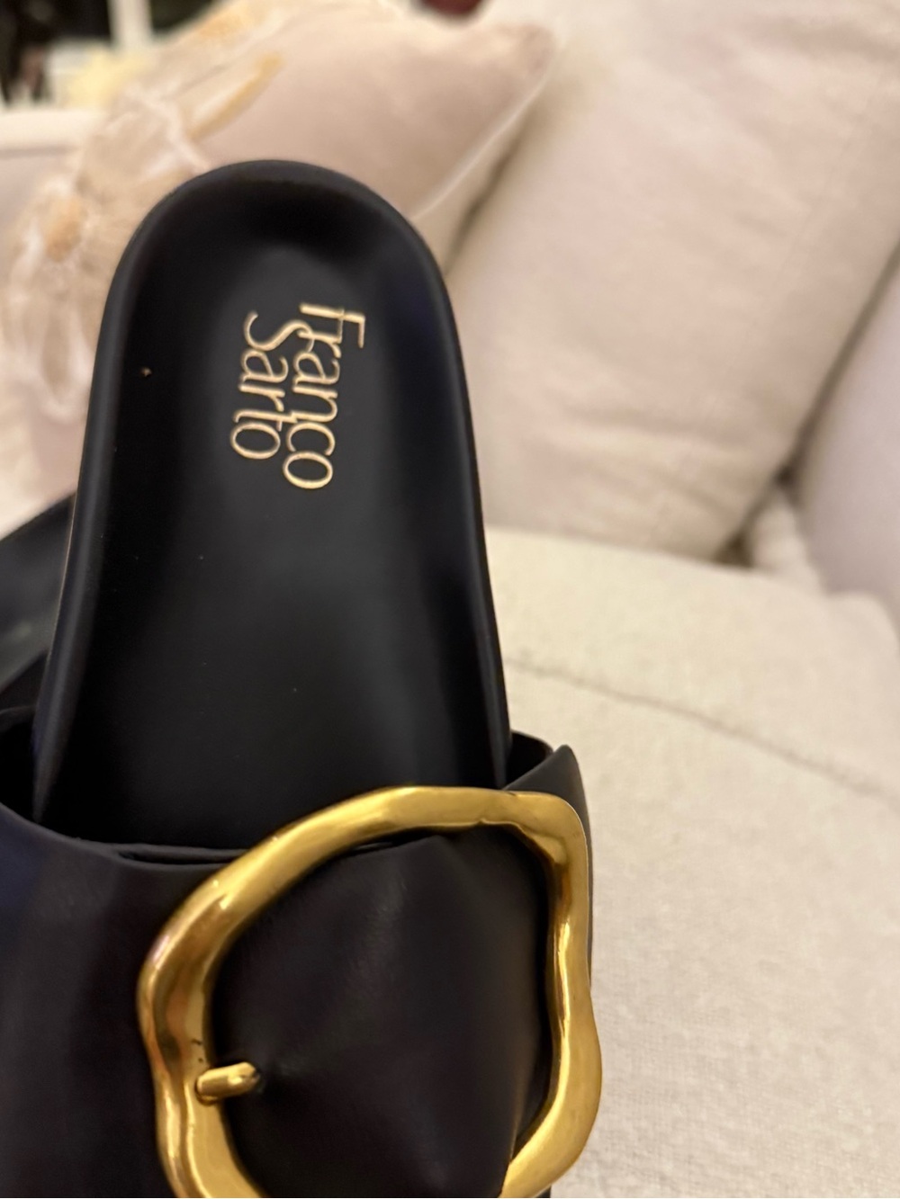 NEW Size 8- Franco Sarto Black Slide Sandals with Gold Accent Buckles - Picture 4 of 6